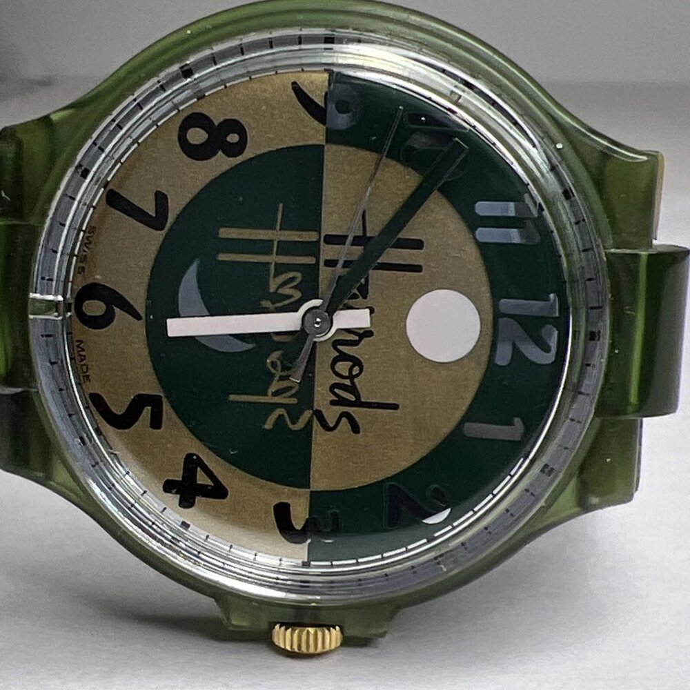 Harrods Green Gold Tone Plastic 34mm Swiss Made Watch w/ New Battery